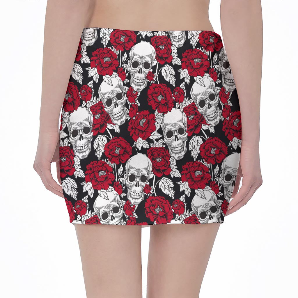 Red Peony Skull Pattern Print Pencil Mini Skirt