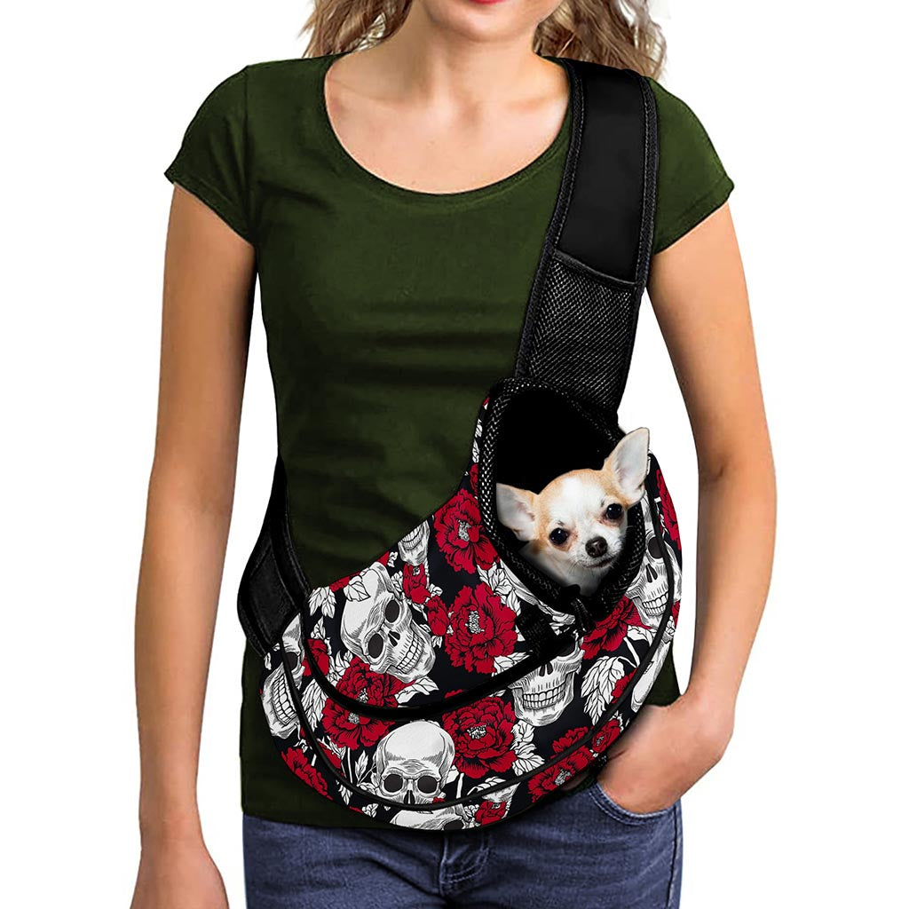 Red Peony Skull Pattern Print Pet Sling Carrier