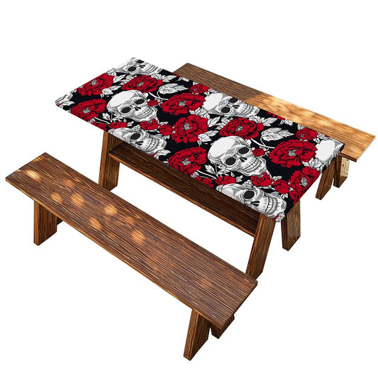 Red Peony Skull Pattern Print Picnic Table Cover