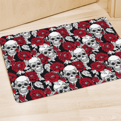 Red Peony Skull Pattern Print Polyester Doormat