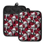 Red Peony Skull Pattern Print Pot Holders With Pocket