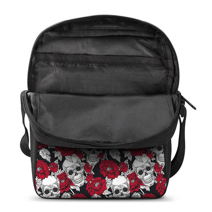 Red Peony Skull Pattern Print Rectangular Crossbody Bag