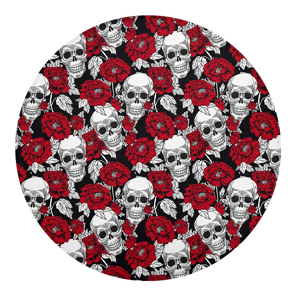 Red Peony Skull Pattern Print Round Blanket