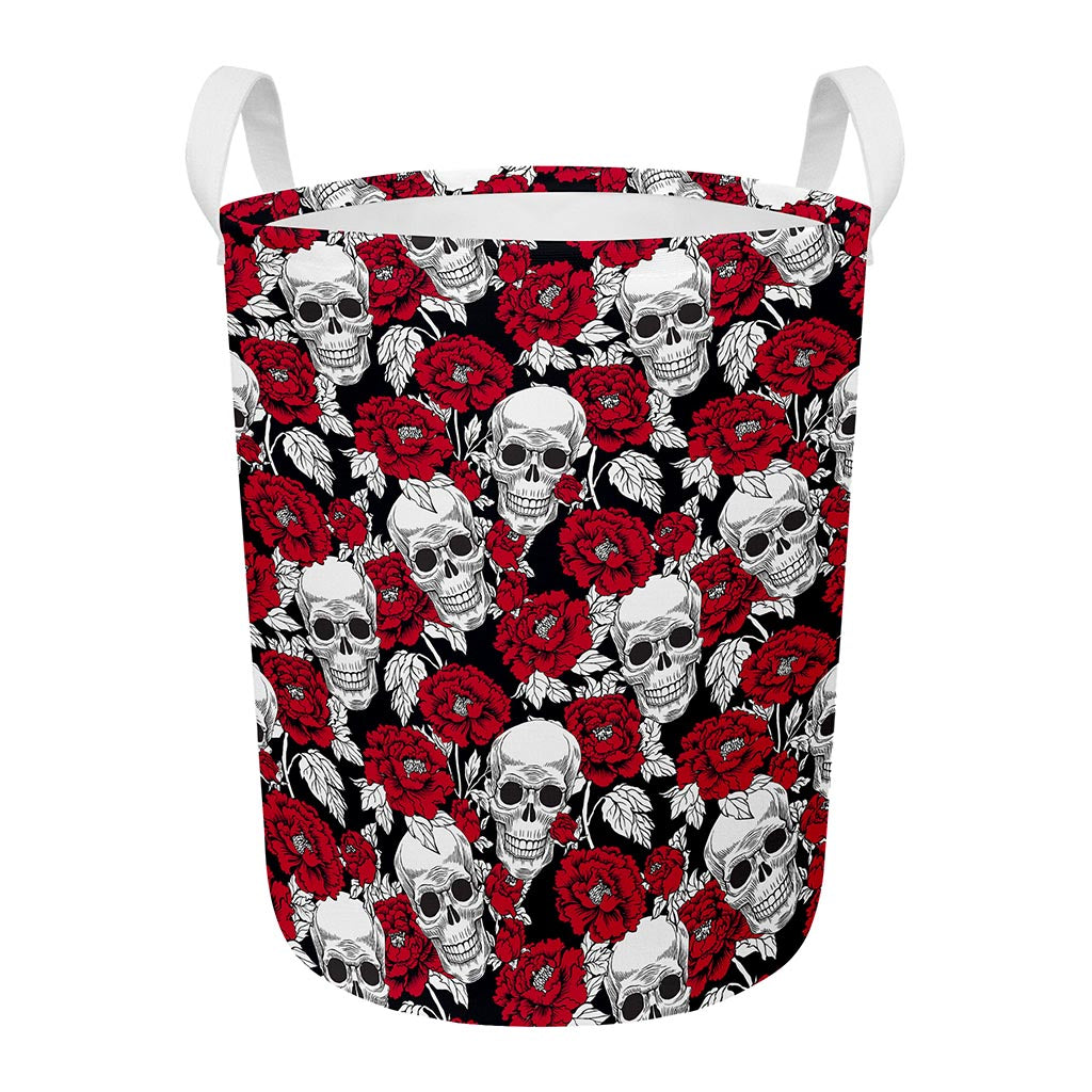 Red Peony Skull Pattern Print Round Laundry Basket