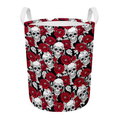 Red Peony Skull Pattern Print Round Laundry Basket