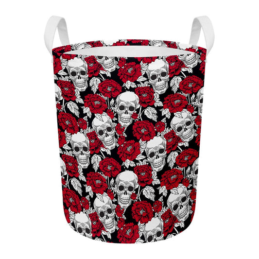 Red Peony Skull Pattern Print Round Laundry Basket