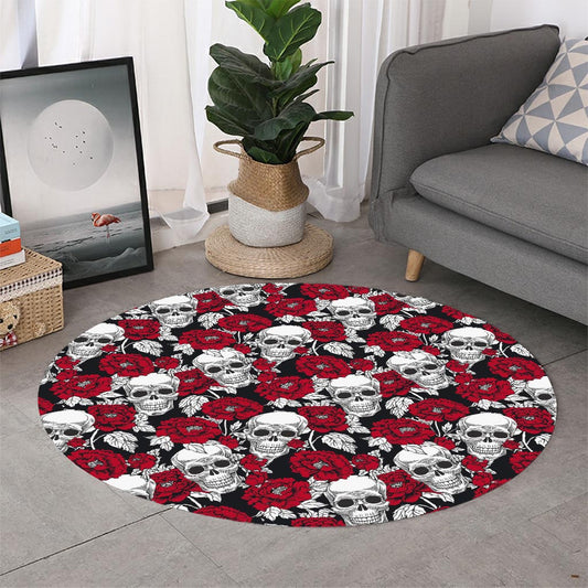 Red Peony Skull Pattern Print Round Rug