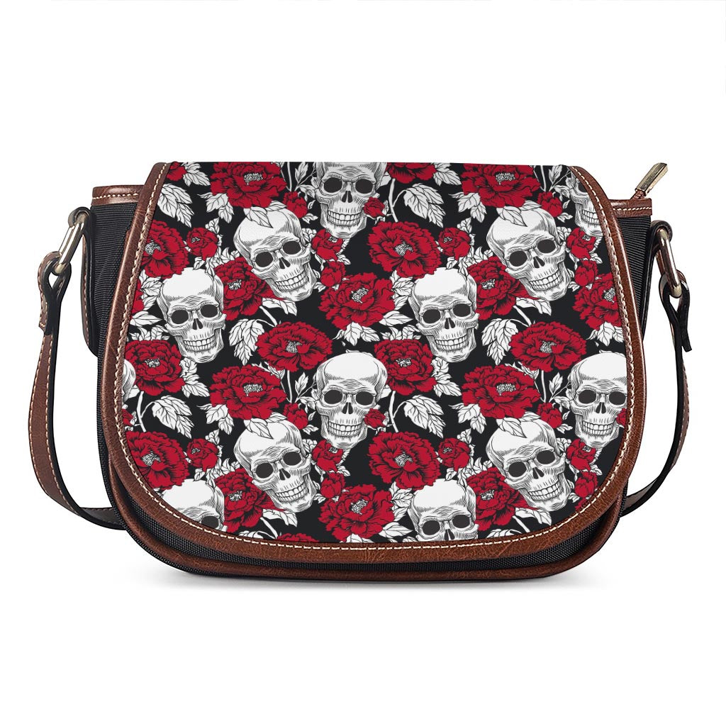 Red Peony Skull Pattern Print Saddle Bag
