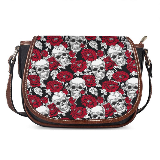 Red Peony Skull Pattern Print Saddle Bag