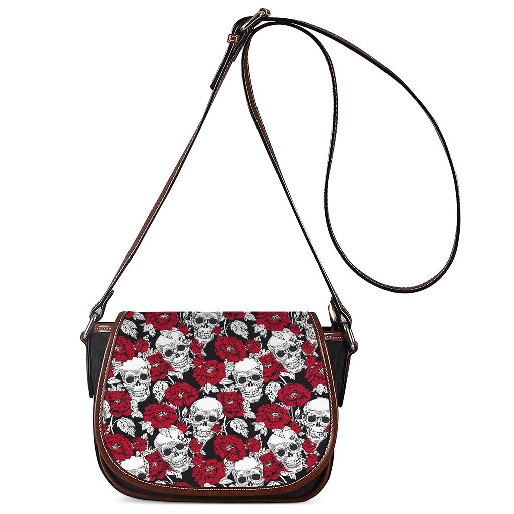 Red Peony Skull Pattern Print Saddle Bag