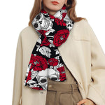 Red Peony Skull Pattern Print Scarf