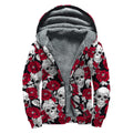 Red Peony Skull Pattern Print Sherpa Lined Zip Up Hoodie