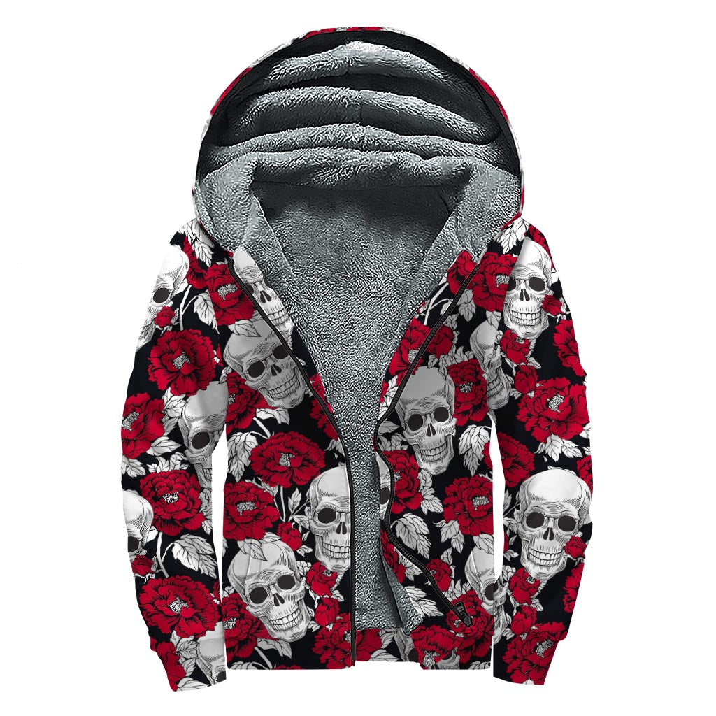 Red Peony Skull Pattern Print Sherpa Lined Zip Up Hoodie