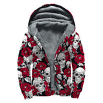 Red Peony Skull Pattern Print Sherpa Lined Zip Up Hoodie