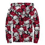 Red Peony Skull Pattern Print Sherpa Lined Zip Up Hoodie