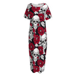 Red Peony Skull Pattern Print Short Sleeve Long Nightdress