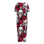 Red Peony Skull Pattern Print Short Sleeve Long Nightdress