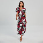 Red Peony Skull Pattern Print Short Sleeve Maxi Dress