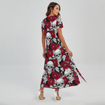 Red Peony Skull Pattern Print Short Sleeve Maxi Dress