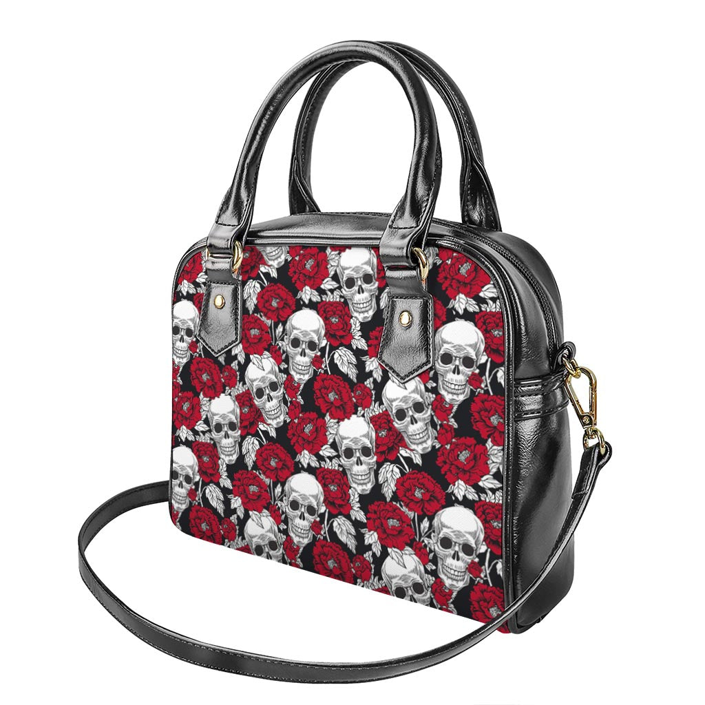 Red Peony Skull Pattern Print Shoulder Handbag