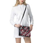 Red Peony Skull Pattern Print Shoulder Handbag