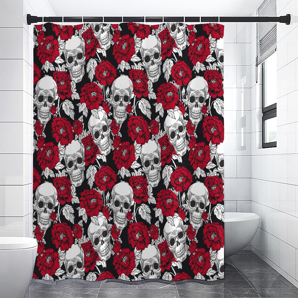 Red Peony Skull Pattern Print Shower Curtain