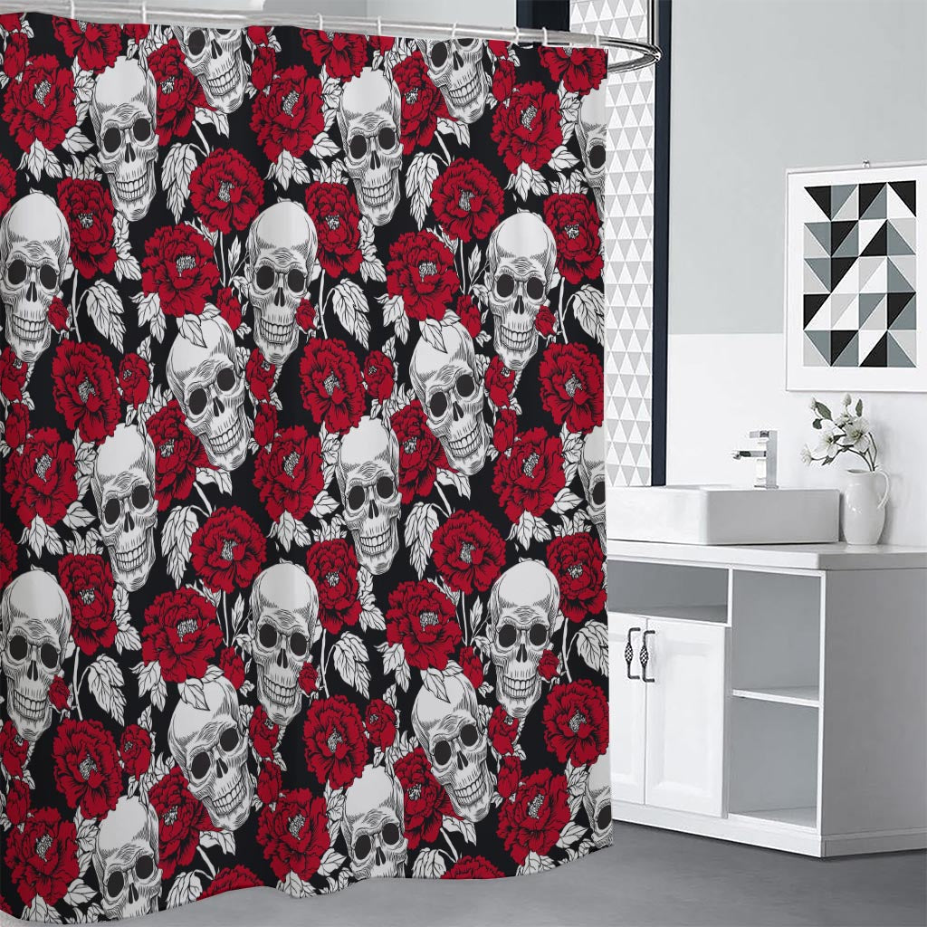 Red Peony Skull Pattern Print Shower Curtain