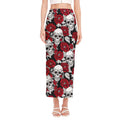 Red Peony Skull Pattern Print Side Slit Maxi Skirt
