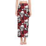 Red Peony Skull Pattern Print Side Slit Maxi Skirt