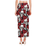 Red Peony Skull Pattern Print Side Slit Maxi Skirt