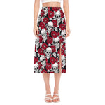 Red Peony Skull Pattern Print Side Slit Midi Skirt