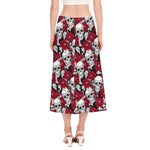 Red Peony Skull Pattern Print Side Slit Midi Skirt