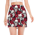 Red Peony Skull Pattern Print Side Slit Mini Skirt