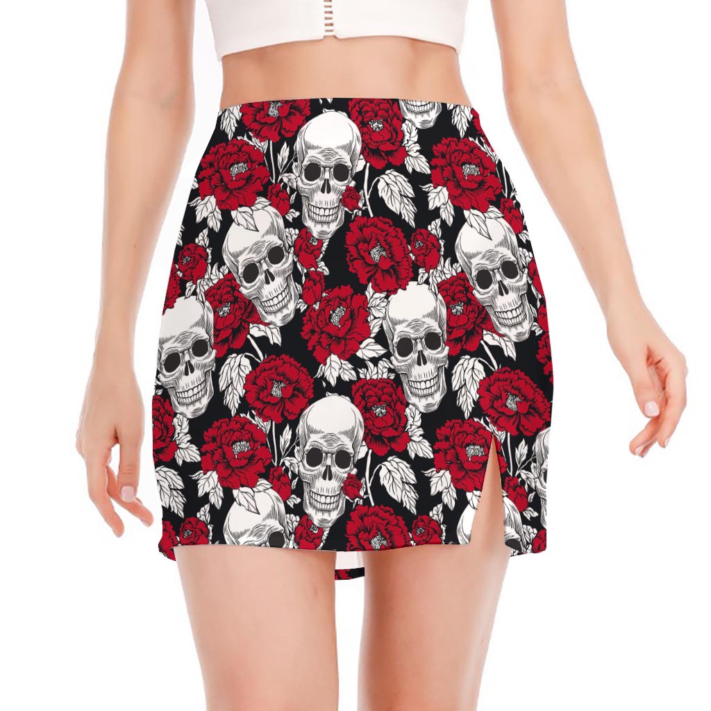 Red Peony Skull Pattern Print Side Slit Mini Skirt