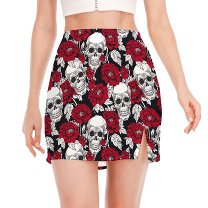 Red Peony Skull Pattern Print Side Slit Mini Skirt