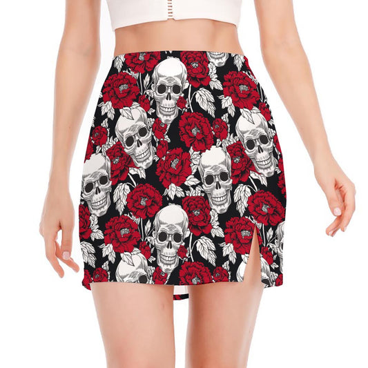 Red Peony Skull Pattern Print Side Slit Mini Skirt