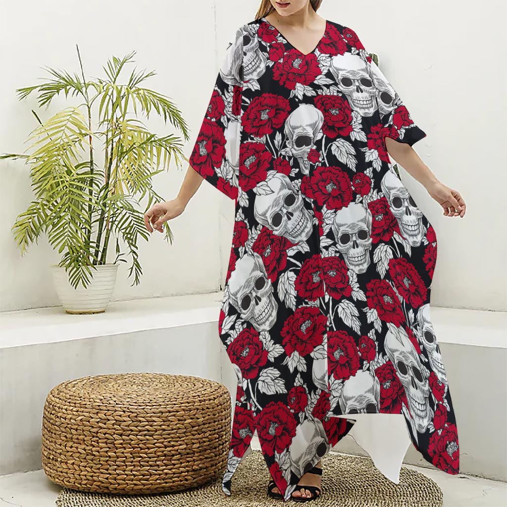 Red Peony Skull Pattern Print Silk V-Neck Kaftan Dress