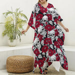 Red Peony Skull Pattern Print Silk V-Neck Kaftan Dress