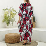 Red Peony Skull Pattern Print Silk V-Neck Kaftan Dress