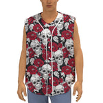 Red Peony Skull Pattern Print Sleeveless Baseball Jersey
