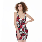 Red Peony Skull Pattern Print Sleeveless Bodycon Dress
