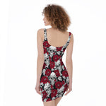 Red Peony Skull Pattern Print Sleeveless Bodycon Dress