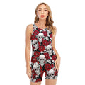 Red Peony Skull Pattern Print Sleeveless One Piece Swimsuit
