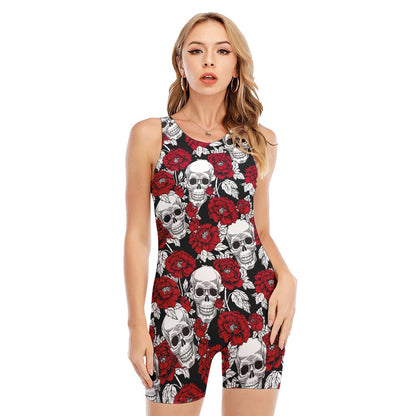 Red Peony Skull Pattern Print Sleeveless One Piece Swimsuit