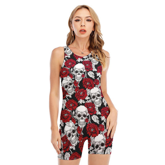 Red Peony Skull Pattern Print Sleeveless One Piece Swimsuit