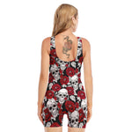 Red Peony Skull Pattern Print Sleeveless One Piece Swimsuit