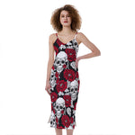 Red Peony Skull Pattern Print Slim Fit Midi Cami Dress