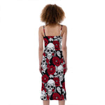Red Peony Skull Pattern Print Slim Fit Midi Cami Dress