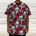 Red Peony Skull Pattern Print Textured Short Sleeve Shirt
