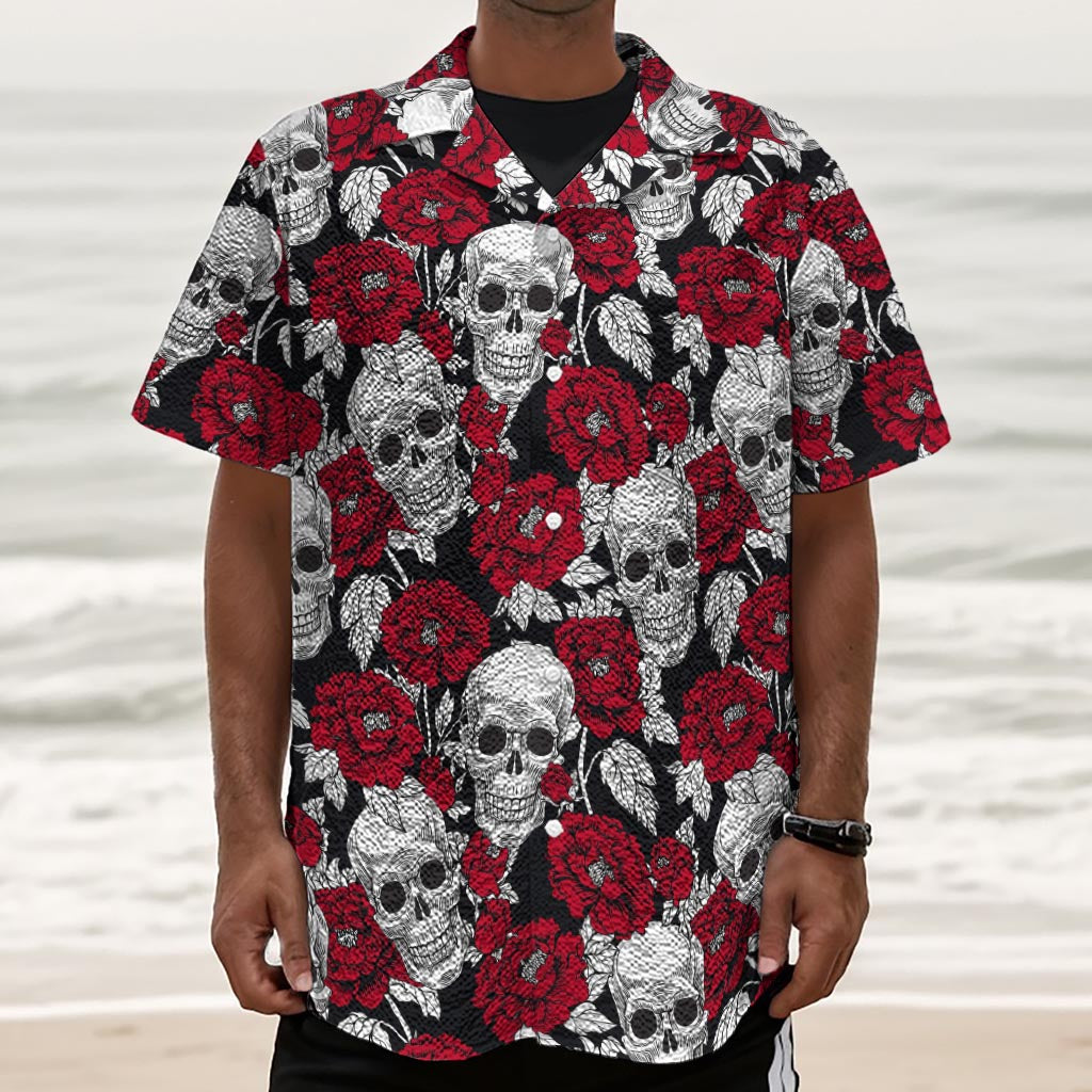Red Peony Skull Pattern Print Textured Short Sleeve Shirt